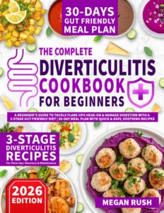 Front cover of the Diverticulitis Cookbook by Megan Rush, 2026 edition.