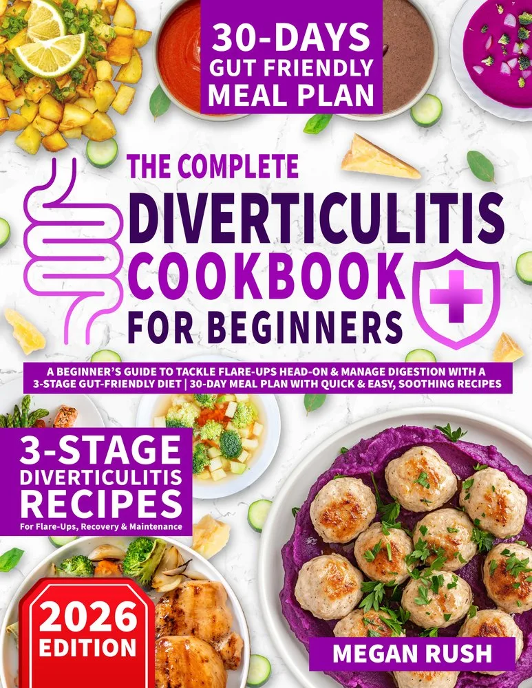 Front cover of the Diverticulitis Cookbook by Megan Rush, 2026 edition.