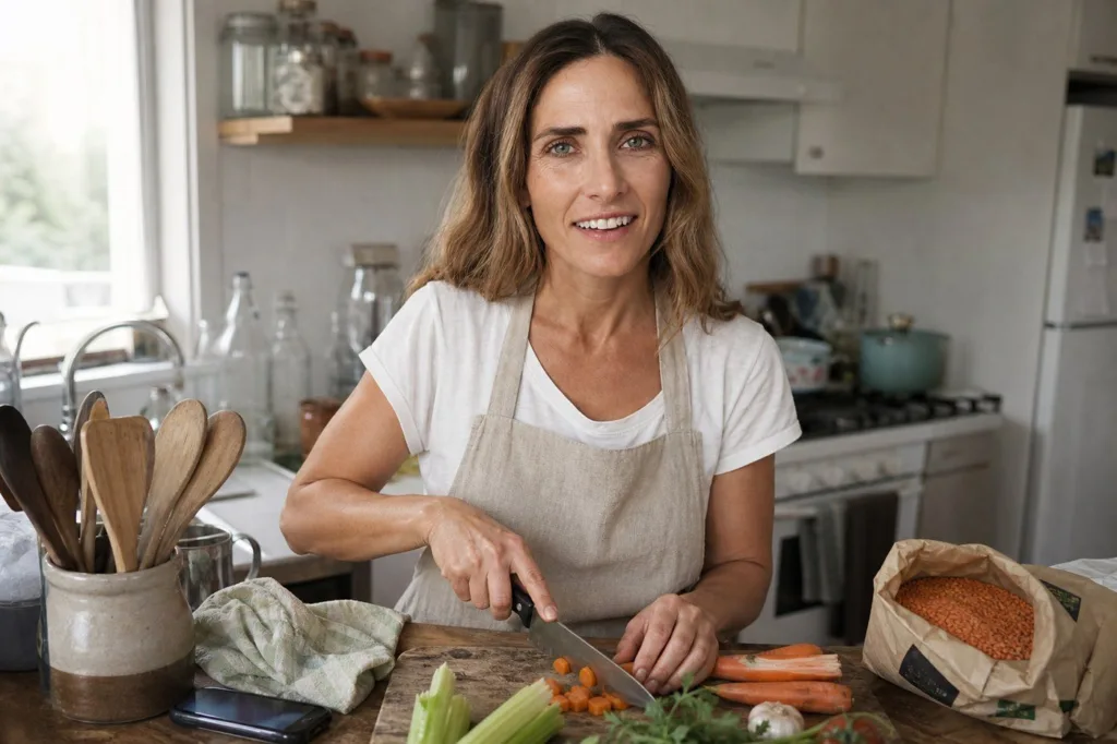 Megan Rush in a linen apron chopping carrots and celery on a wooden board in her kitchen.
